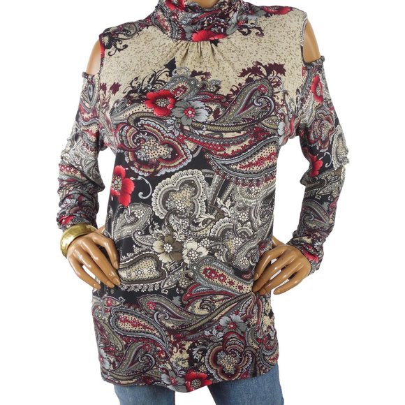 SUSAN GRAVER Top L Cold Shoulder Shirt Stretch Long Sleeve Paisley/Floral Casual - Picture 2 of 11